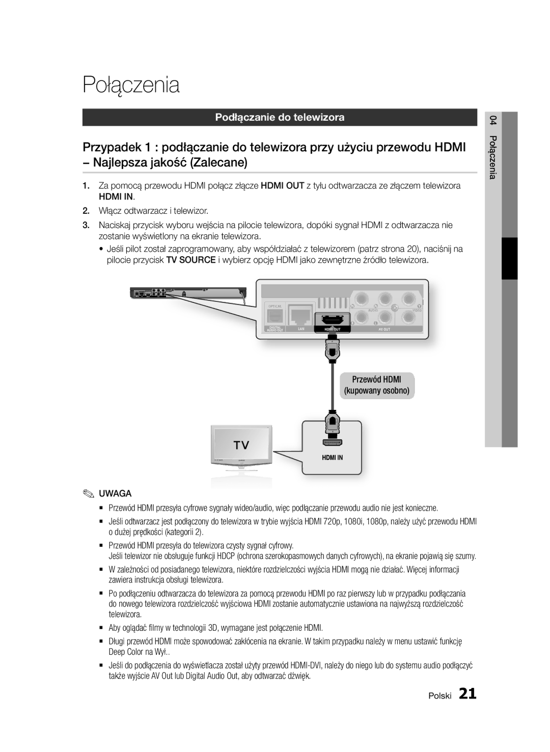 Samsung BD-D6500/XE, BD-D6500/ZA manual Podłączanie do telewizora, Przewód Hdmi Kupowany osobno, 04 Połączenia Polski 