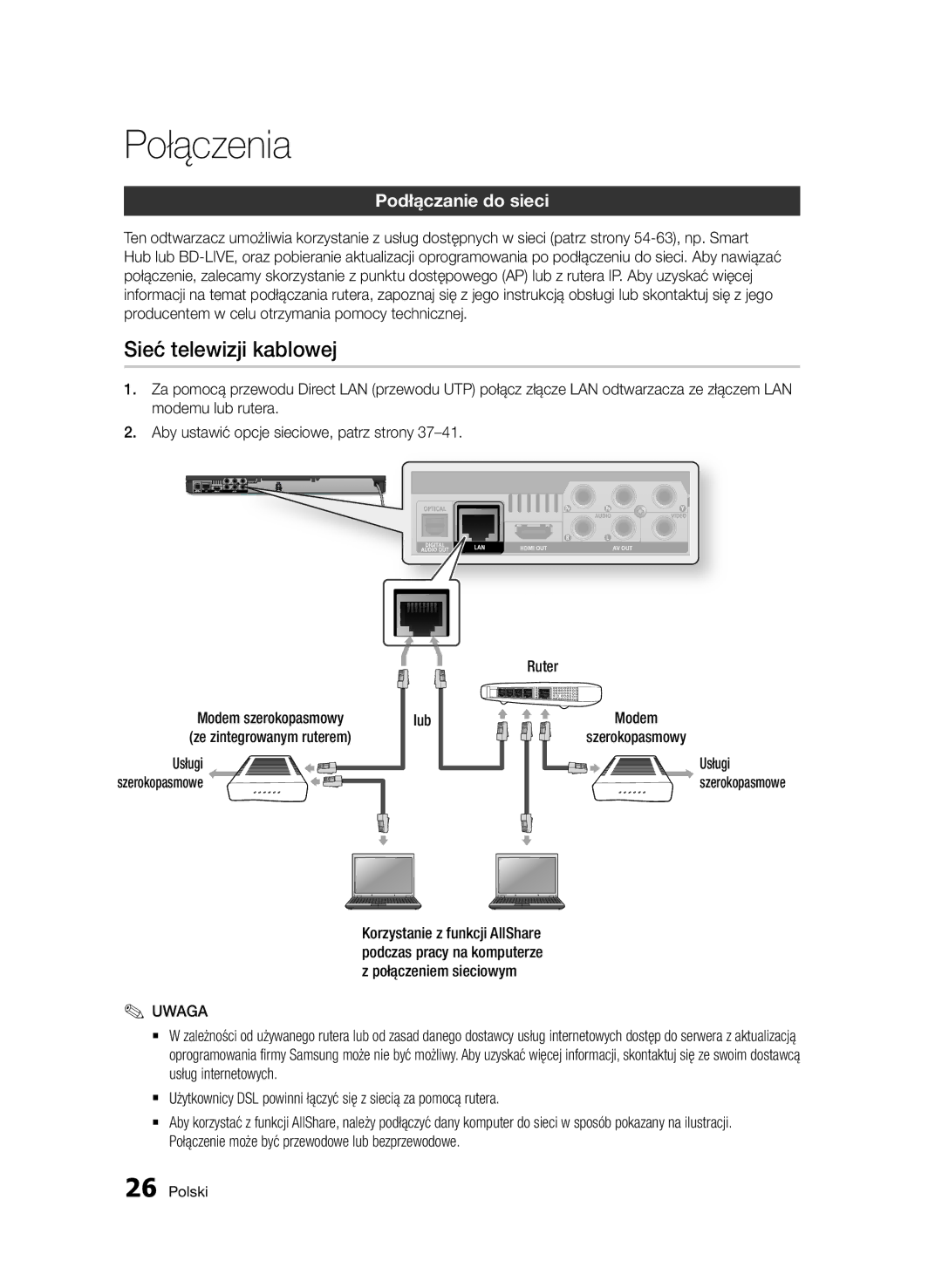 Samsung BD-D6500/XE, BD-D6500/ZA manual Sieć telewizji kablowej, Podłączanie do sieci, Ze zintegrowanym ruterem, Usługi 