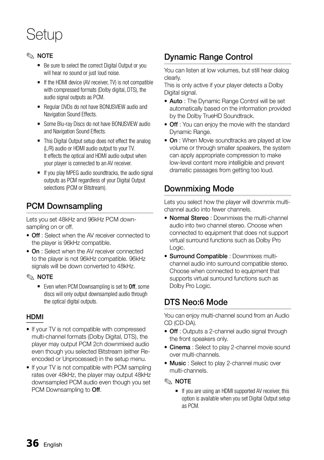 Samsung BD-D6500/ZA user manual PCM Downsampling, Dynamic Range Control, Downmixing Mode, DTS Neo6 Mode 