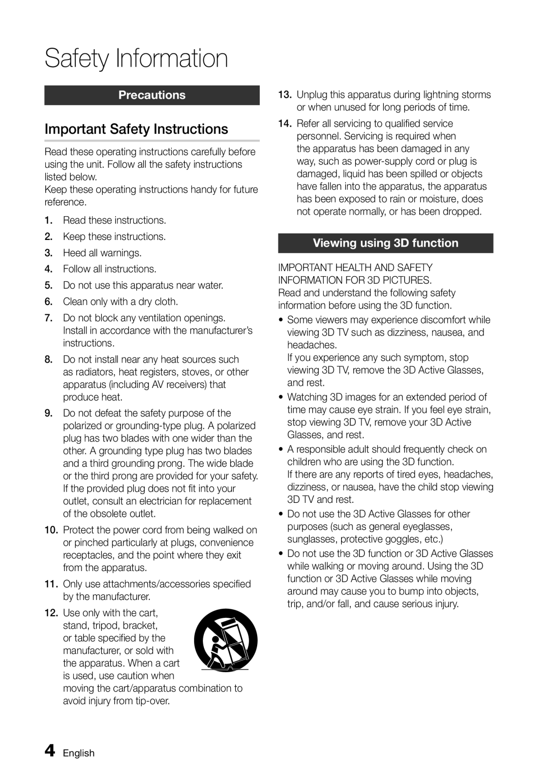 Samsung BD-D6500/ZA user manual Important Safety Instructions, Precautions, Viewing using 3D function 