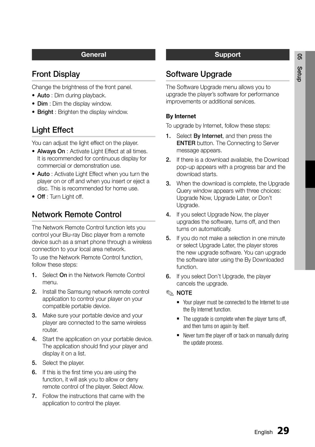 Samsung BD-D6500/ZA user manual Front Display, Light Effect, Network Remote Control, Software Upgrade 