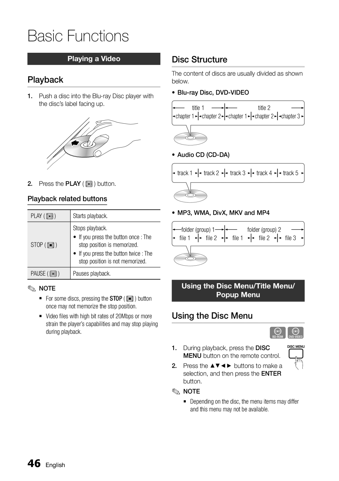 Samsung BD-D6500/ZA user manual Basic Functions, Playback, Disc Structure, Using the Disc Menu 