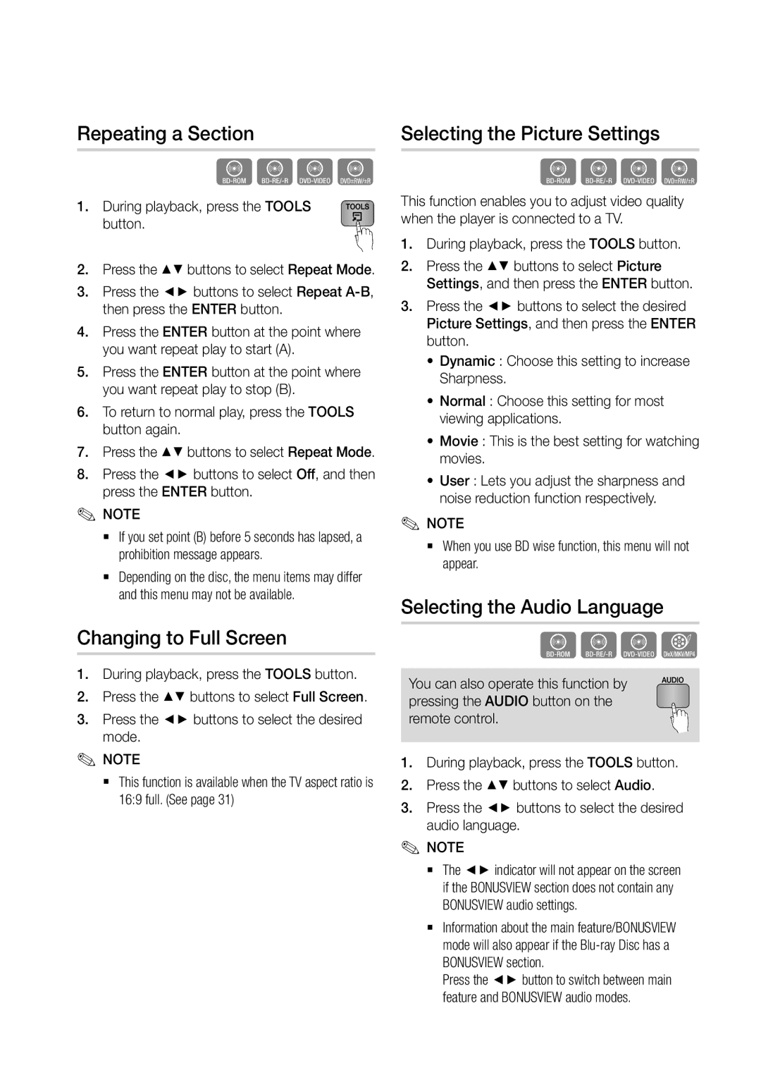 Samsung BD-D6500/ZA user manual Repeating a Section, Changing to Full Screen, Selecting the Picture Settings 