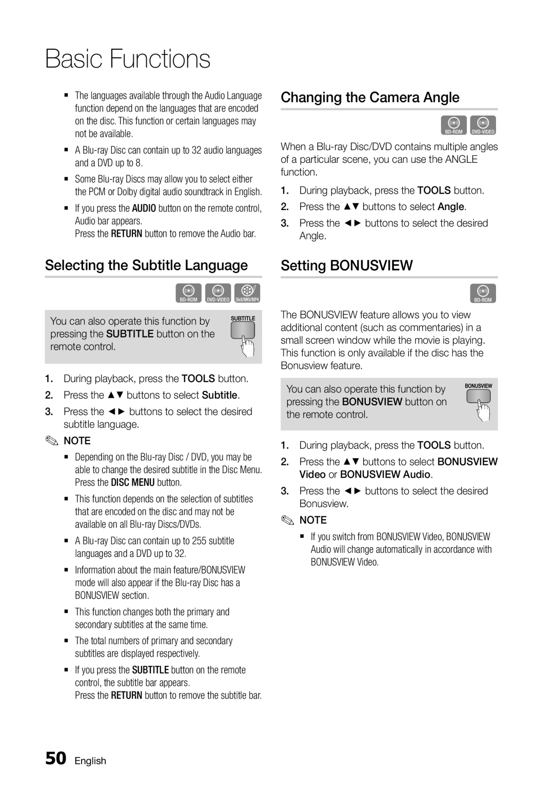 Samsung BD-D6500/ZA user manual Selecting the Subtitle Language, Changing the Camera Angle, Setting Bonusview 