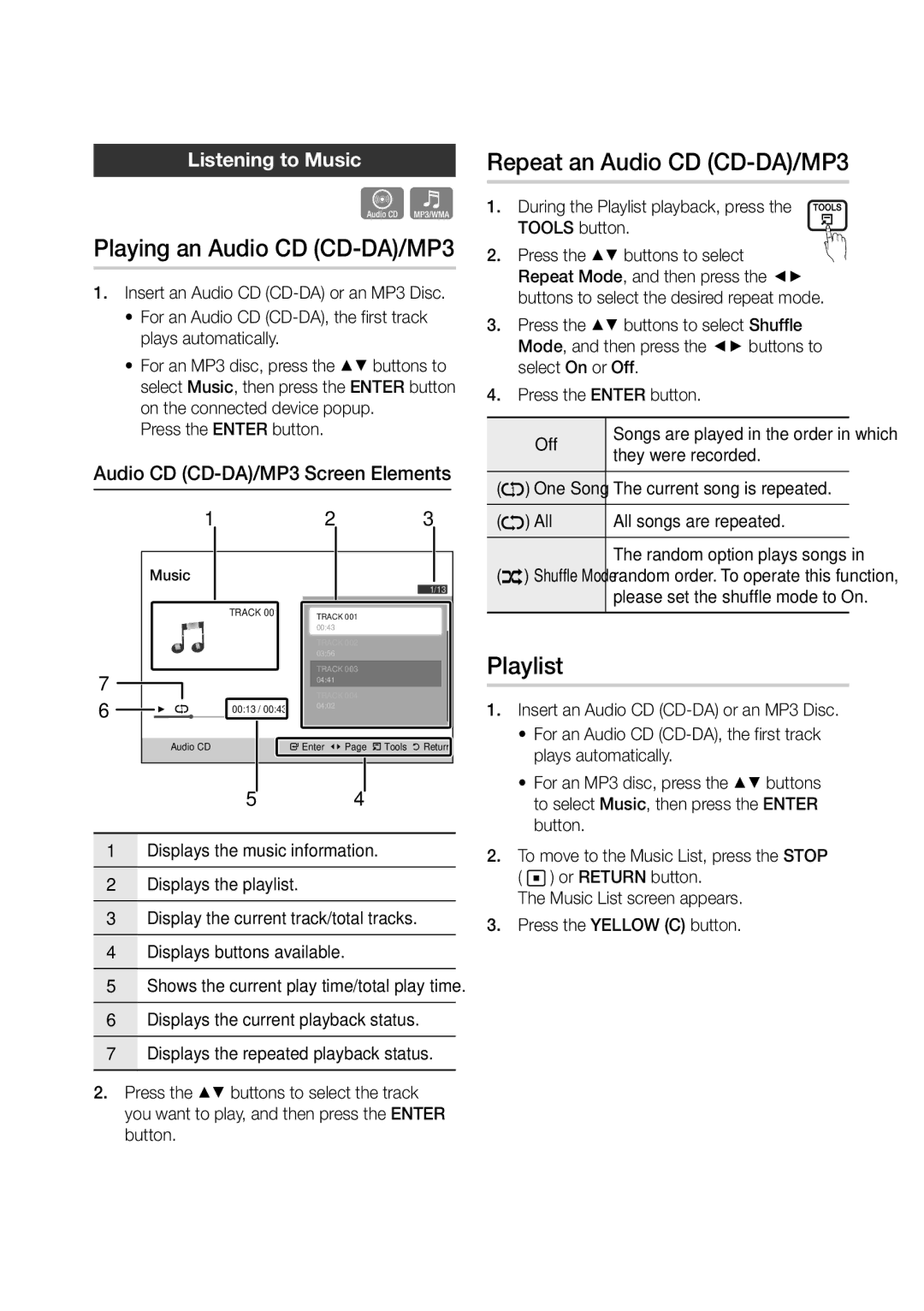 Samsung BD-D6500/ZA user manual Playing an Audio CD CD-DA/MP3, Repeat an Audio CD CD-DA/MP3, Playlist, Listening to Music 