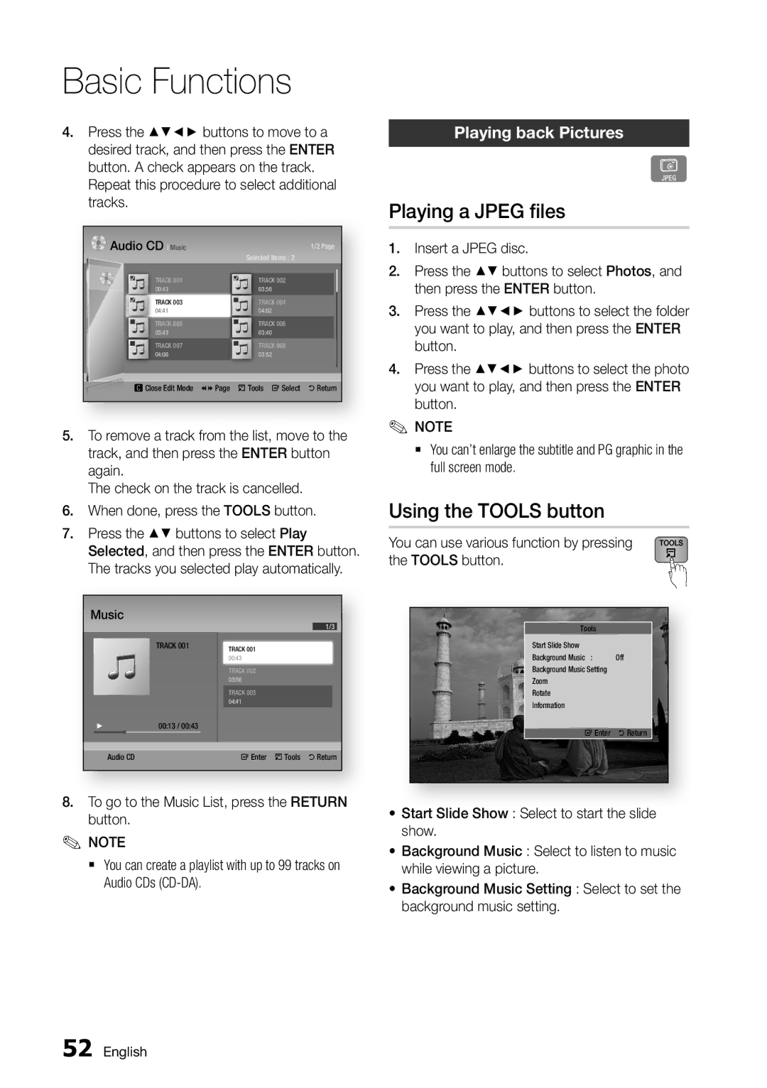 Samsung BD-D6500/ZA user manual Playing a Jpeg files, Using the Tools button, Playing back Pictures 