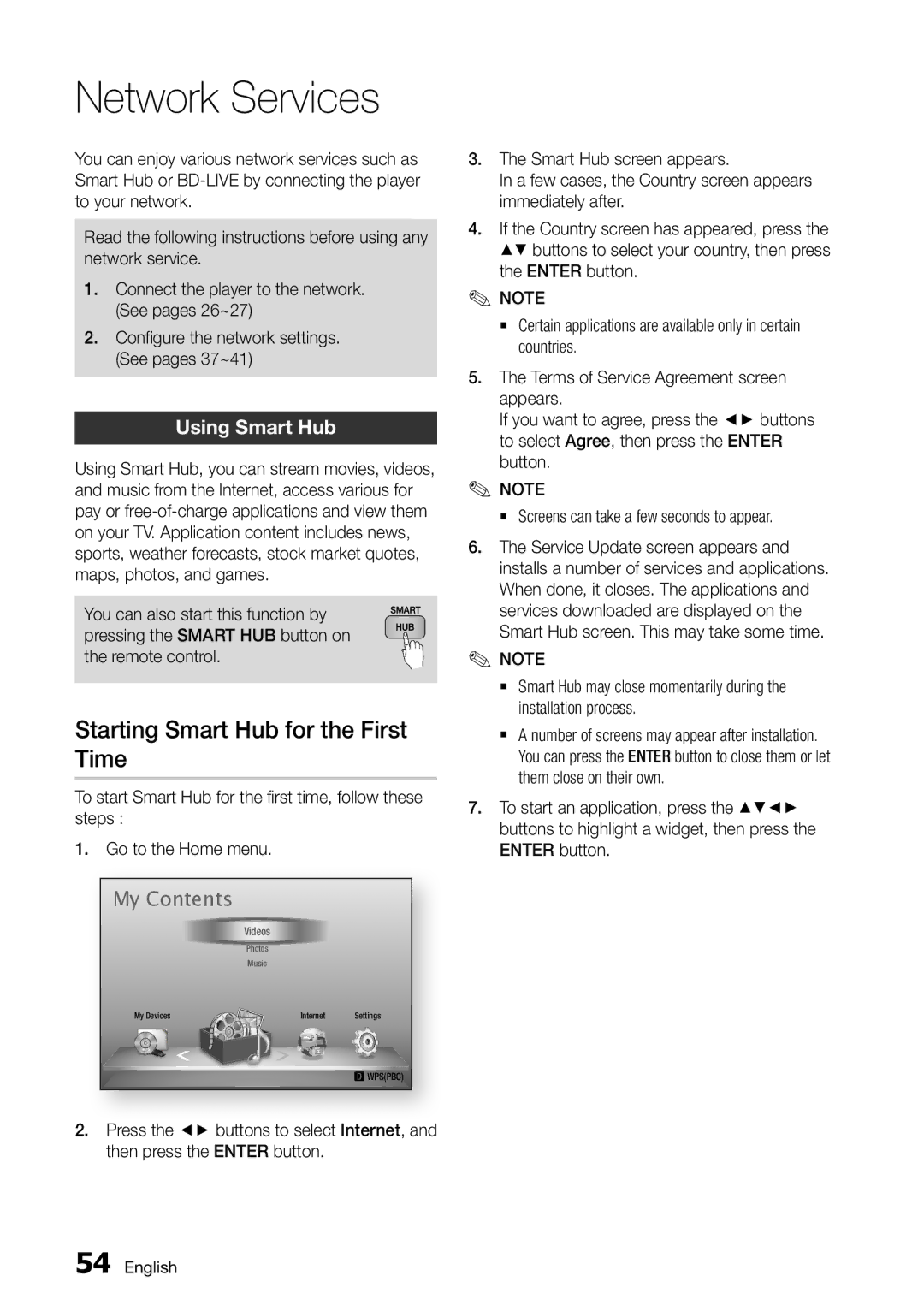 Samsung BD-D6500/ZA user manual Network Services, Starting Smart Hub for the First Time, Using Smart Hub 