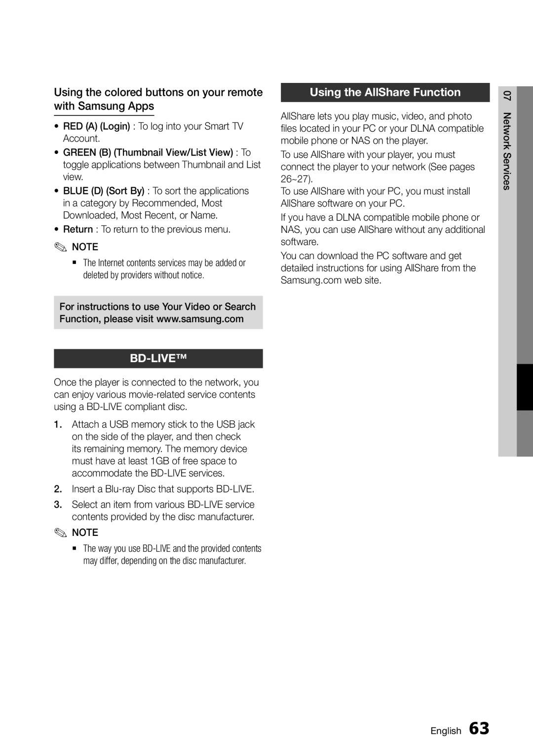 Samsung BD-D6500/ZA user manual Using the colored buttons on your remote with Samsung Apps, Using the AllShare Function 