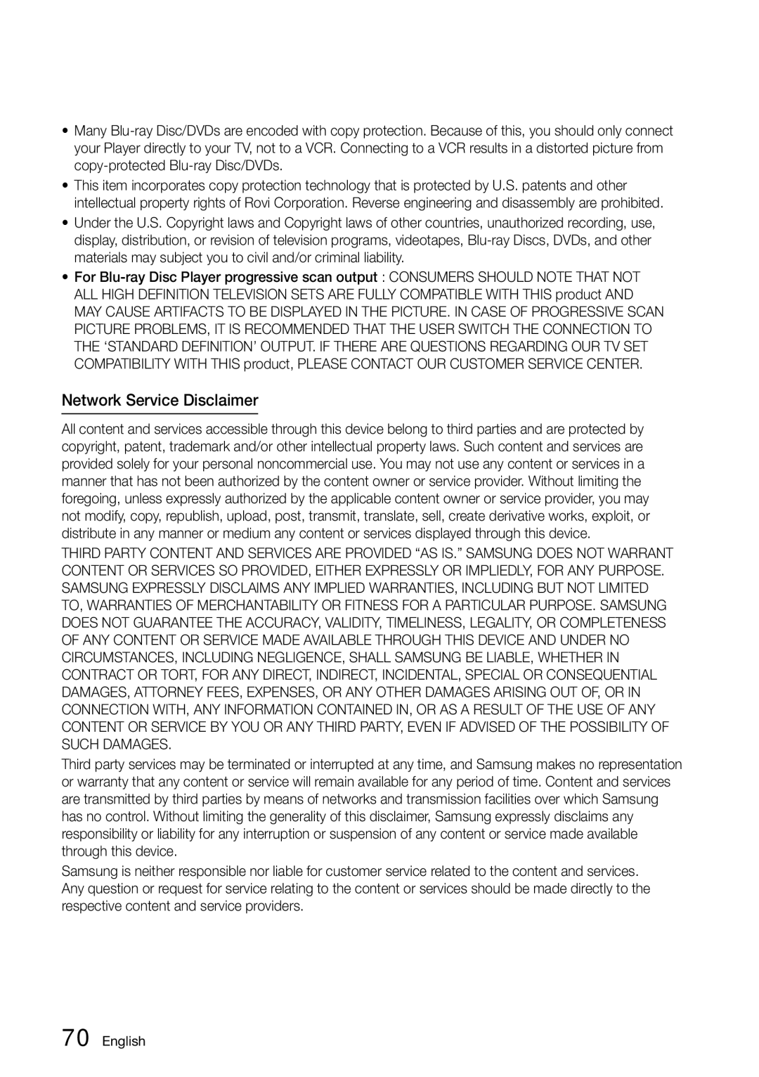 Samsung BD-D6500/ZA user manual Network Service Disclaimer 