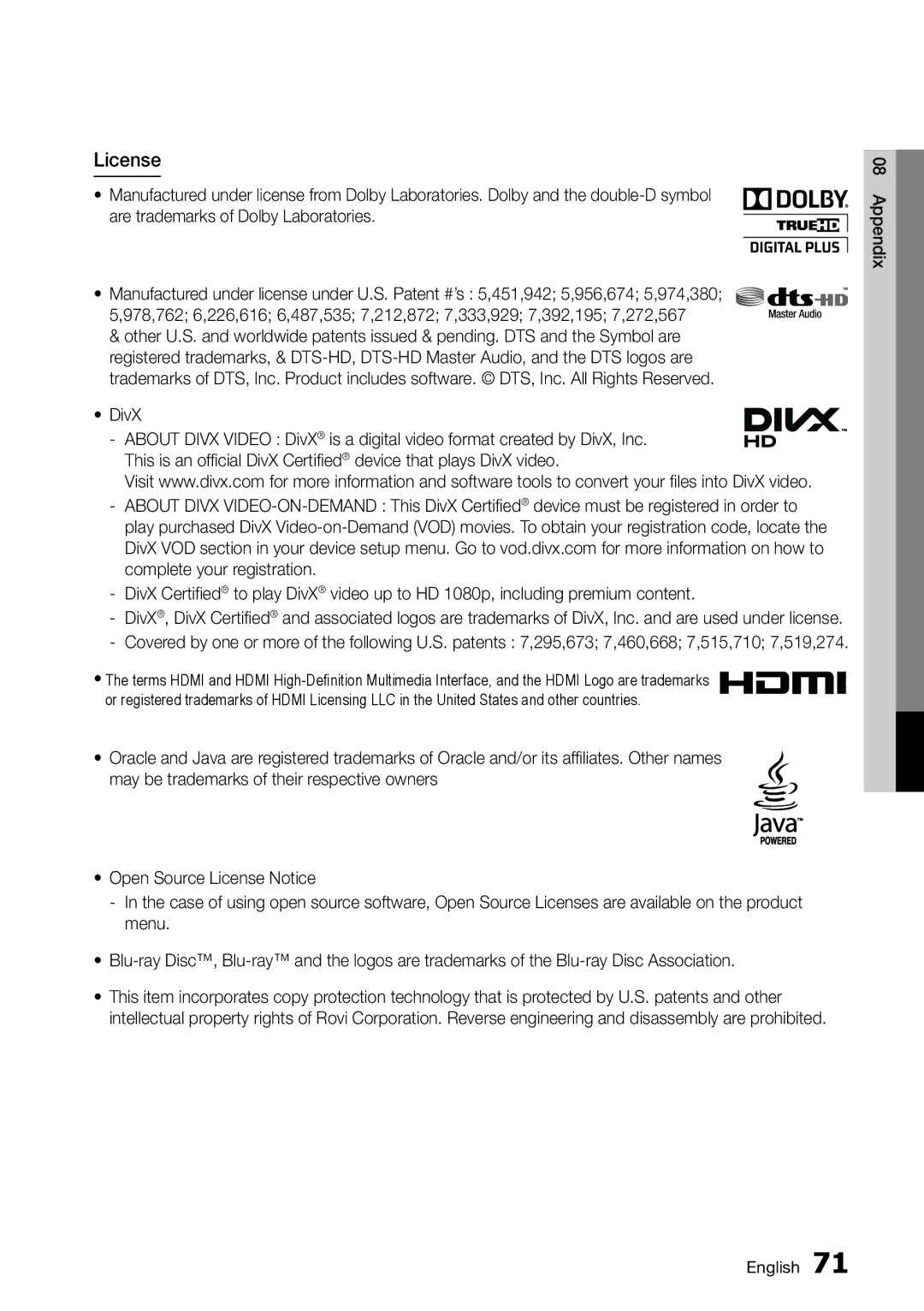 Samsung BD-D6500/ZA user manual License, DivX 