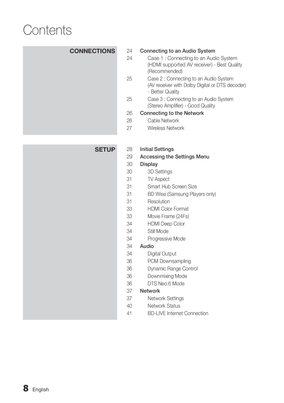 Samsung BD-D6500/ZA Accessing the Settings Menu, Display, 3D Settings, TV Aspect, Smart Hub Screen Size, Resolution, Audio 