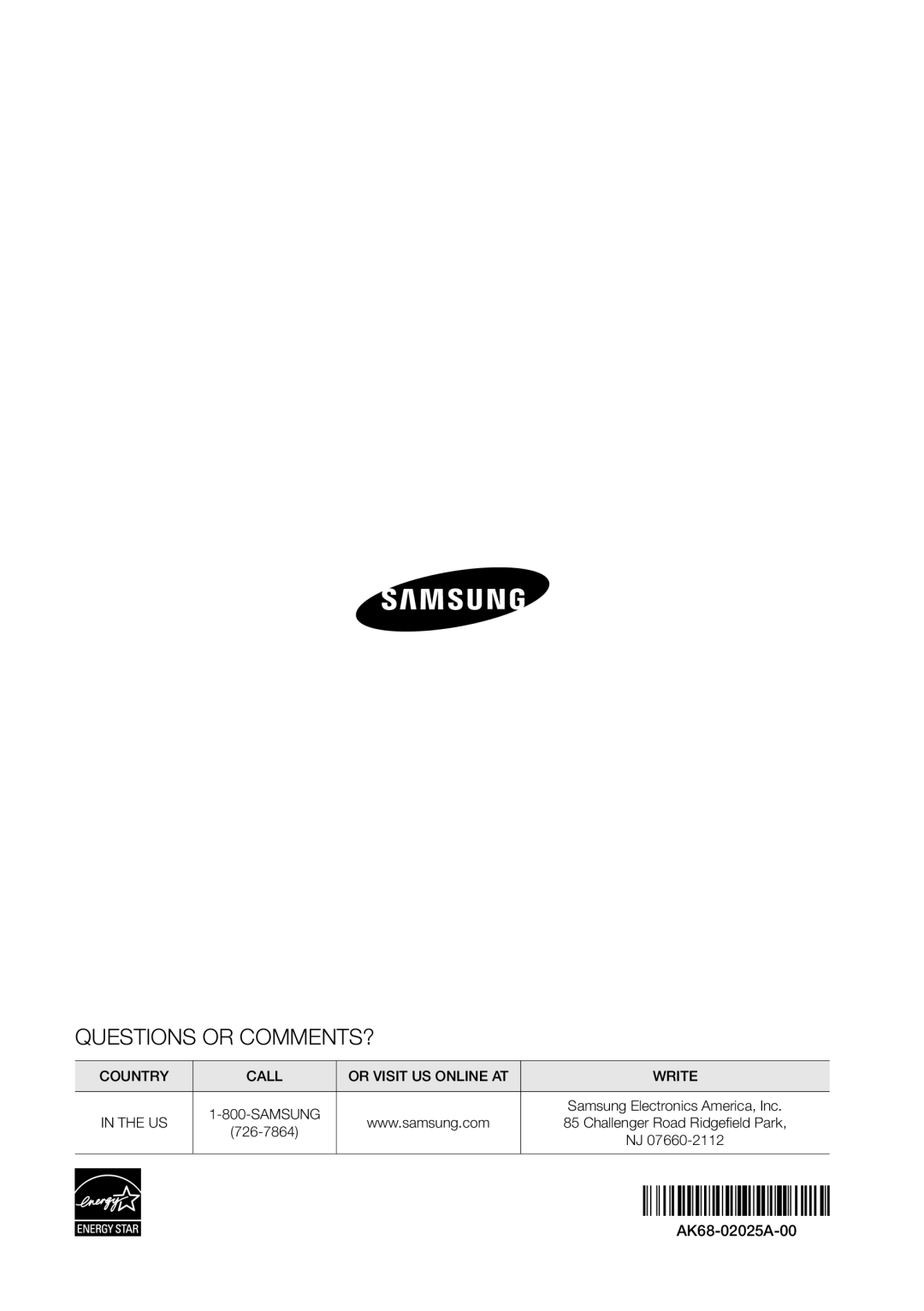 Samsung BD-D6500/ZA user manual Questions or COMMENTS?, AK68-02025A-00 