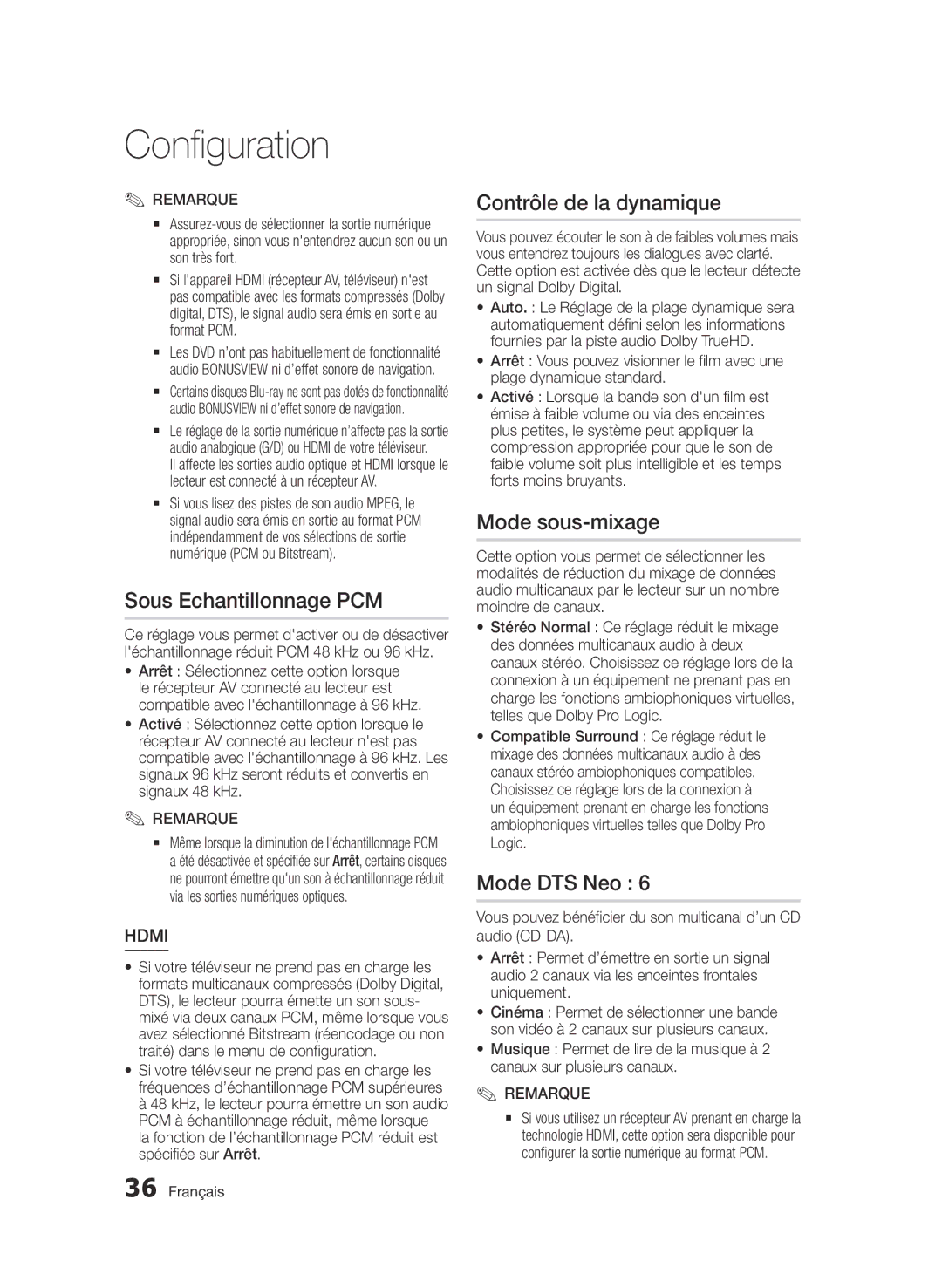 Samsung BD-D6500/ZF, BD-D6500/ZN manual Sous Echantillonnage PCM, Contrôle de la dynamique, Mode sous-mixage, Mode DTS Neo 