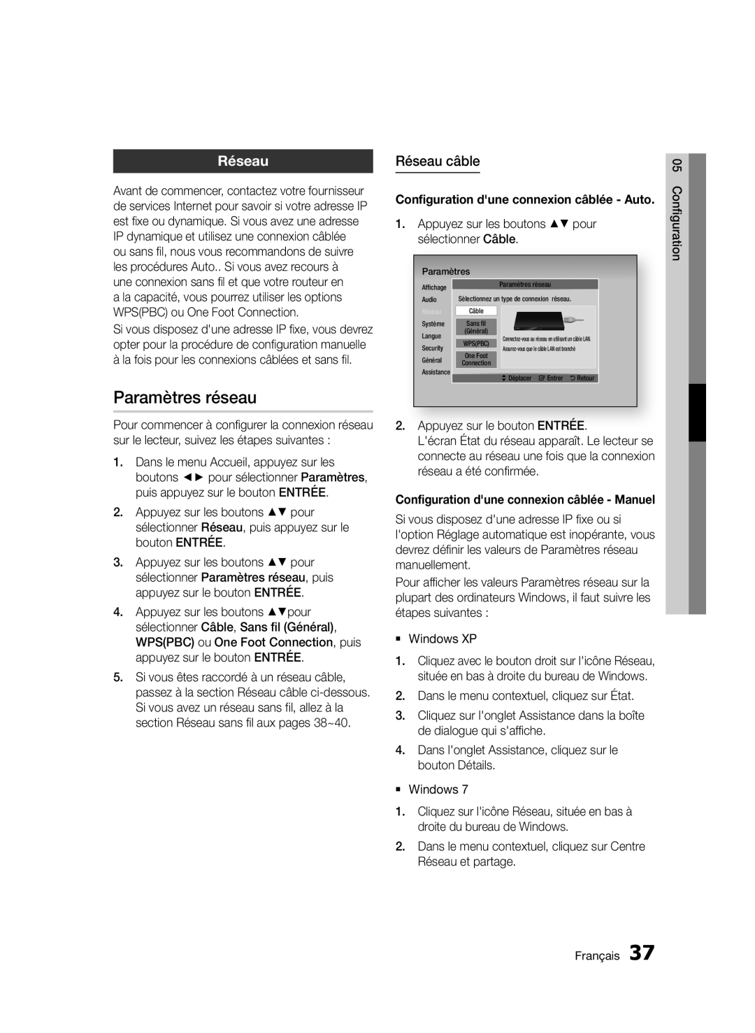 Samsung BD-D6500/ZN, BD-D6500/ZF manual Paramètres réseau, Réseau câble, Appuyez sur les boutons pour sélectionner Câble 