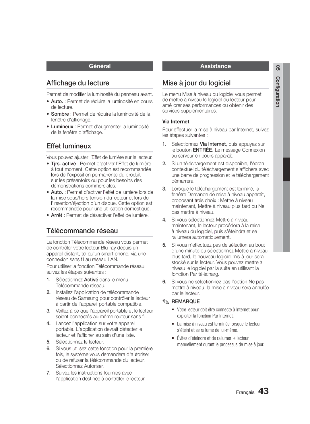 Samsung BD-D6500/ZN, BD-D6500/ZF manual Affichage du lecture, Effet lumineux, Télécommande réseau, Mise à jour du logiciel 