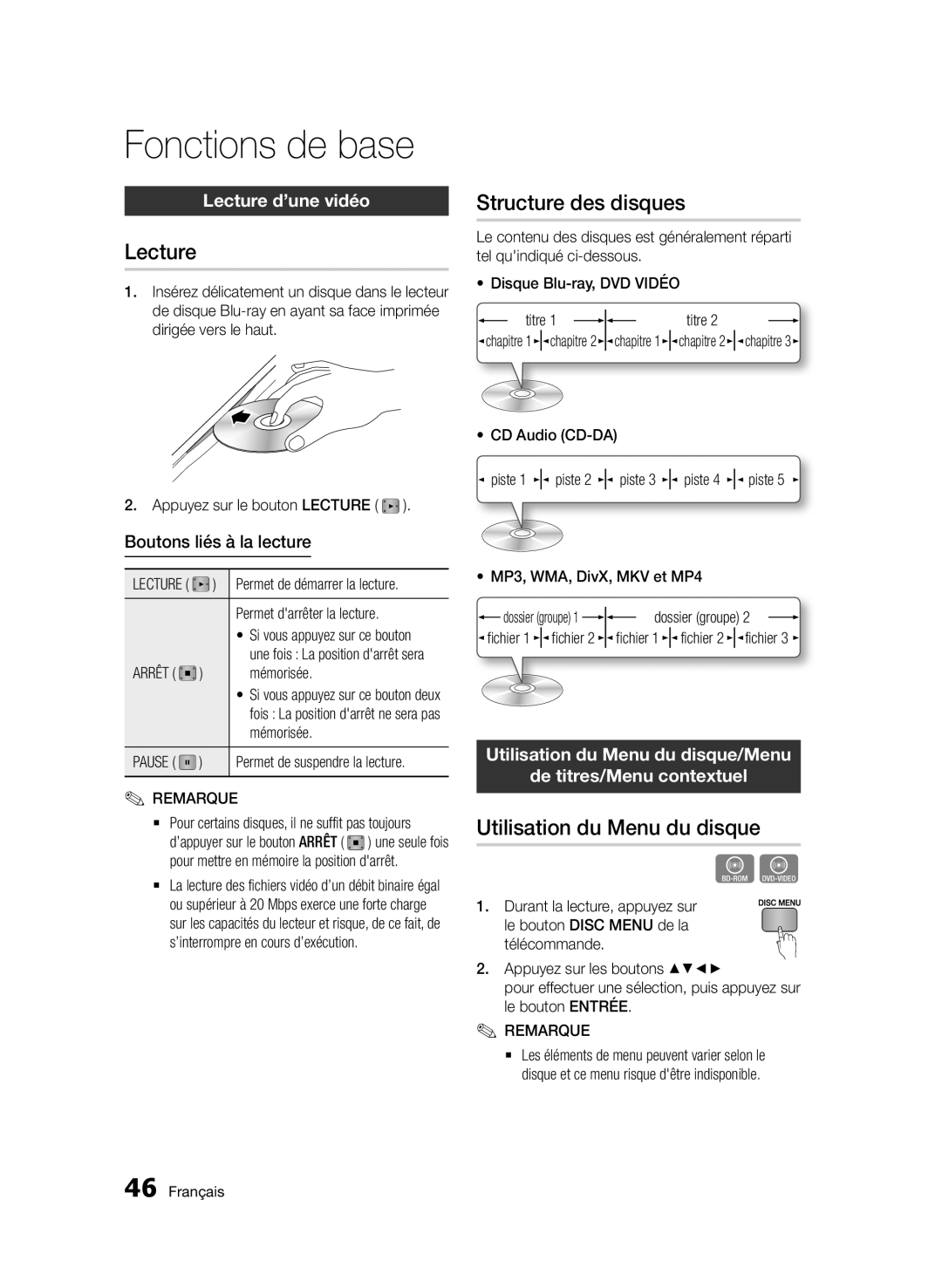 Samsung BD-D6500/ZF manual Fonctions de base, Structure des disques, Utilisation du Menu du disque, Lecture d’une vidéo 