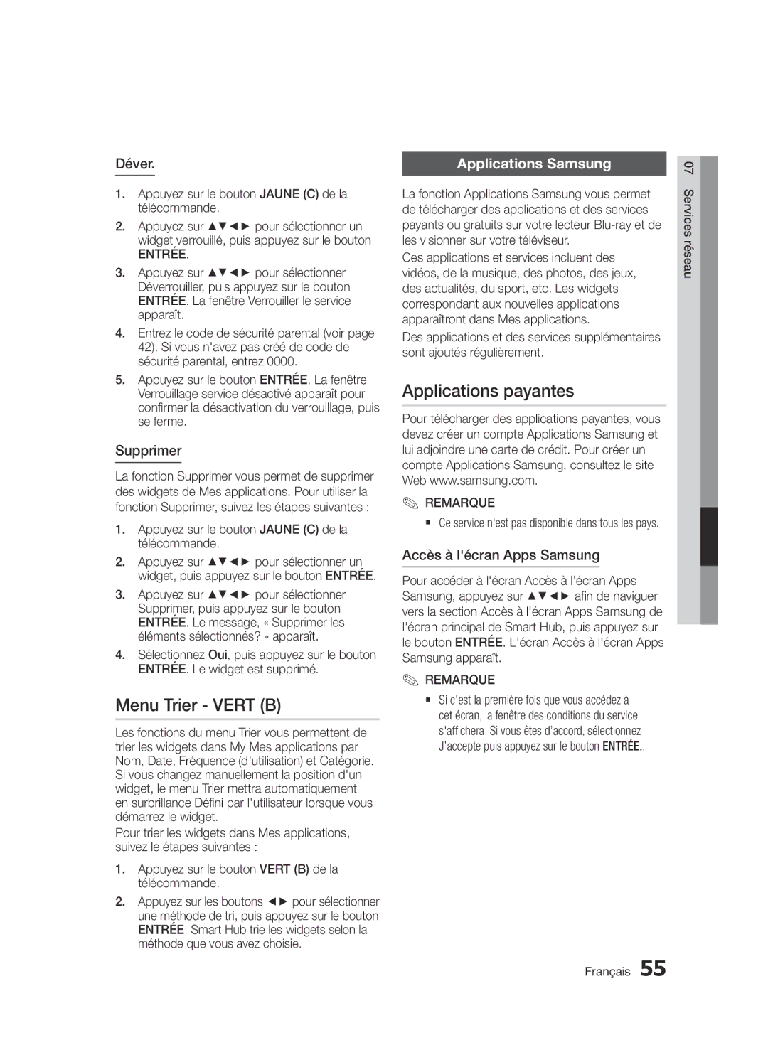 Samsung BD-D6500/ZN, BD-D6500/ZF manual Menu Trier Vert B, Applications payantes, Applications Samsung 