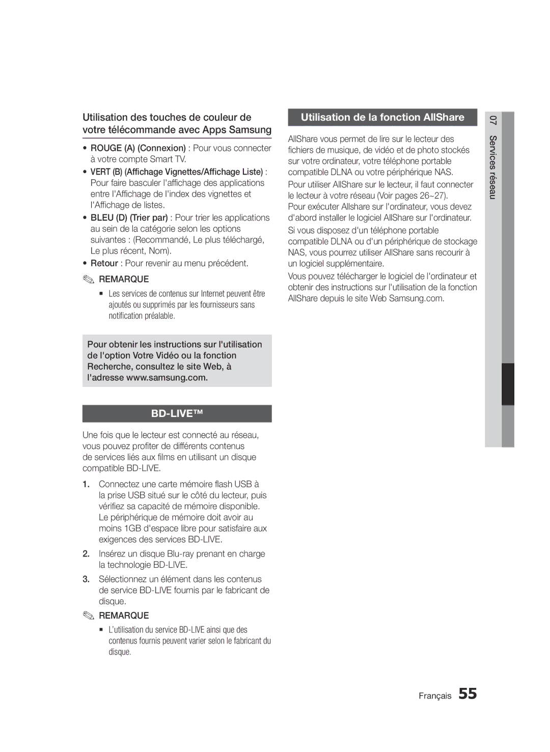 Samsung BD-D6500/ZN, BD-D6500/ZF manual Utilisation de la fonction AllShare 