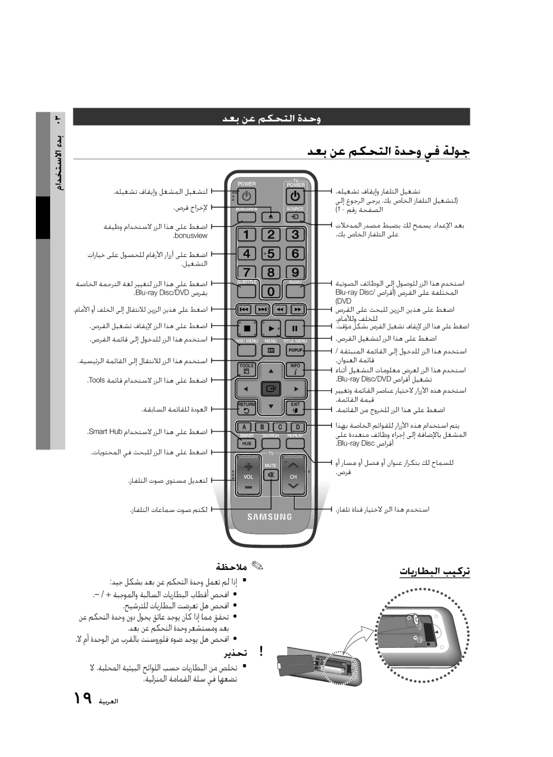 Samsung BD-D6500/ZN, BD-D6500/ZF دعب نع مكحتلا ةدحو يف ةلوج, تايراطبلا بيكرت, صحفا ريذحت لا .ةيلحملا ةيئيبلا حئاوللا بسح 