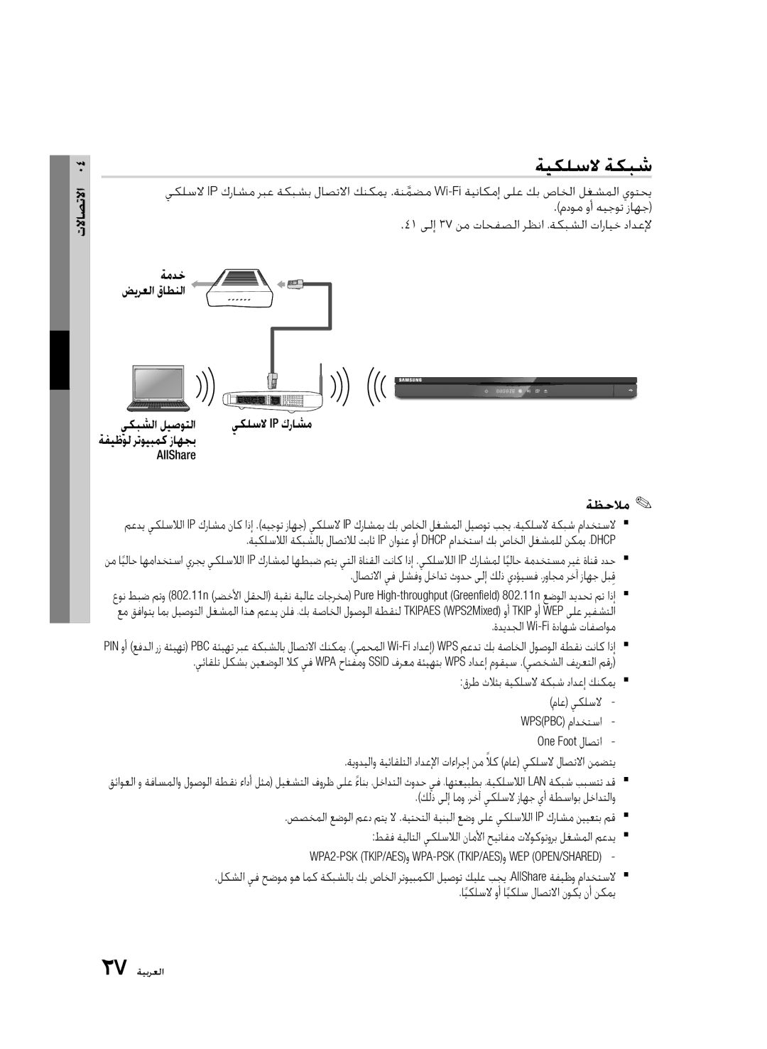 Samsung BD-D6500/ZN, BD-D6500/ZF manual ةيكلسلا ةكبش 