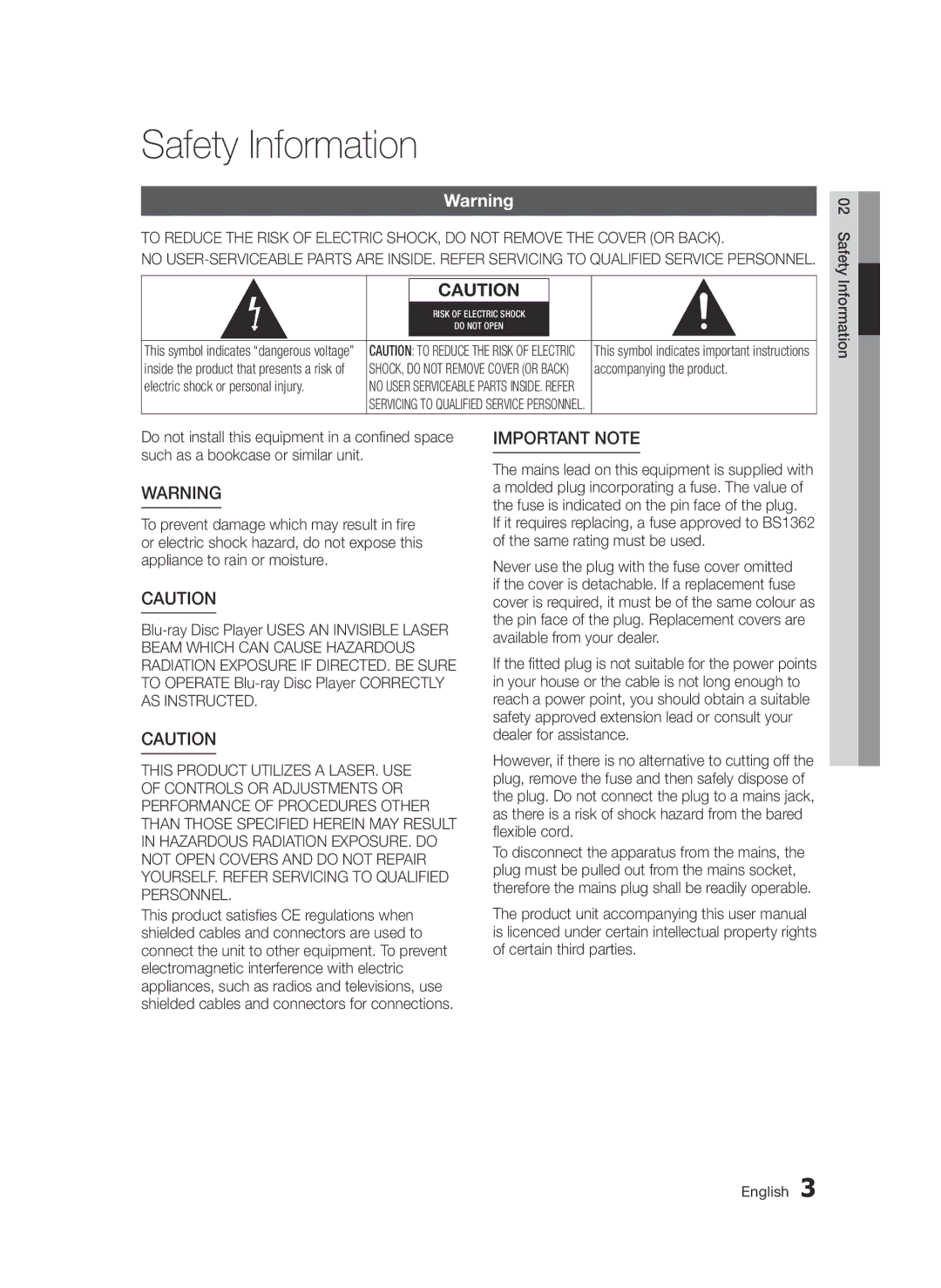 Samsung BD-D6500/ZN, BD-D6500/ZF manual Safety Information, Important Note 