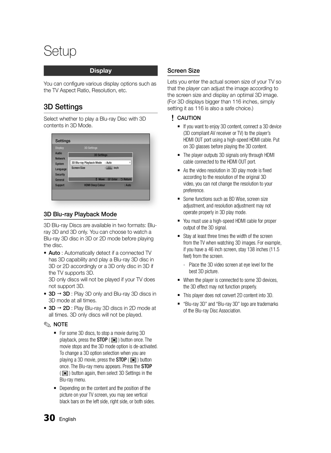 Samsung BD-D6500/ZF, BD-D6500/ZN manual 3D Settings, Display, 3D Blu-ray Playback Mode, Screen Size 