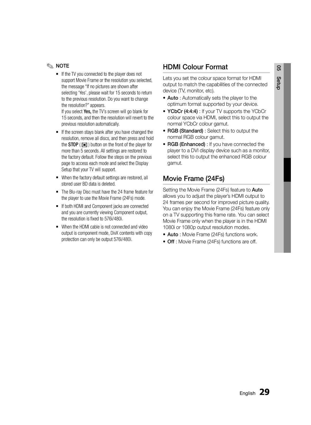 Samsung BD-D6500/ZN, BD-D6500/ZF manual Hdmi Colour Format, Movie Frame 24Fs 