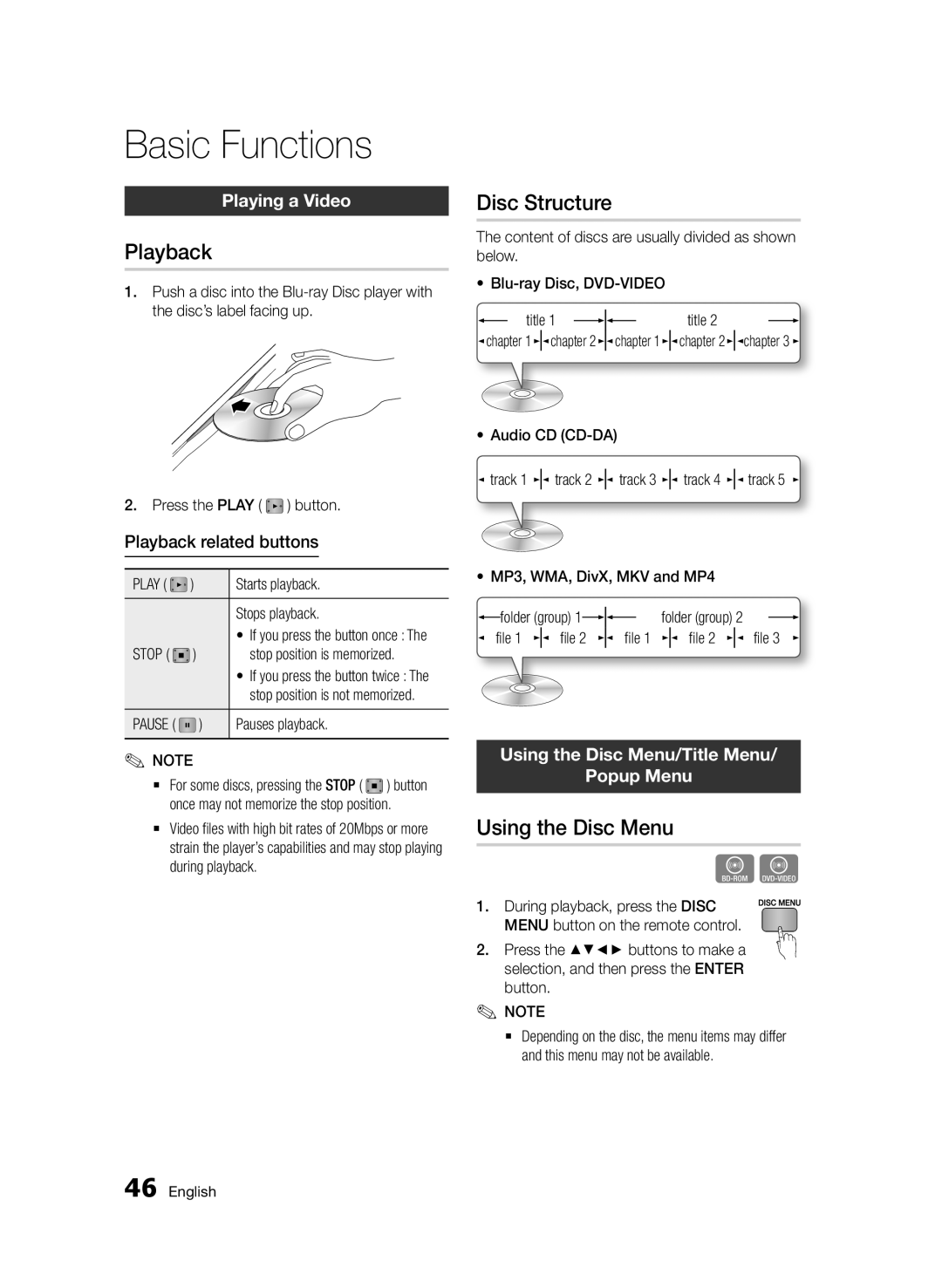 Samsung BD-D6500/ZF, BD-D6500/ZN manual Basic Functions, Playback, Disc Structure, Using the Disc Menu 