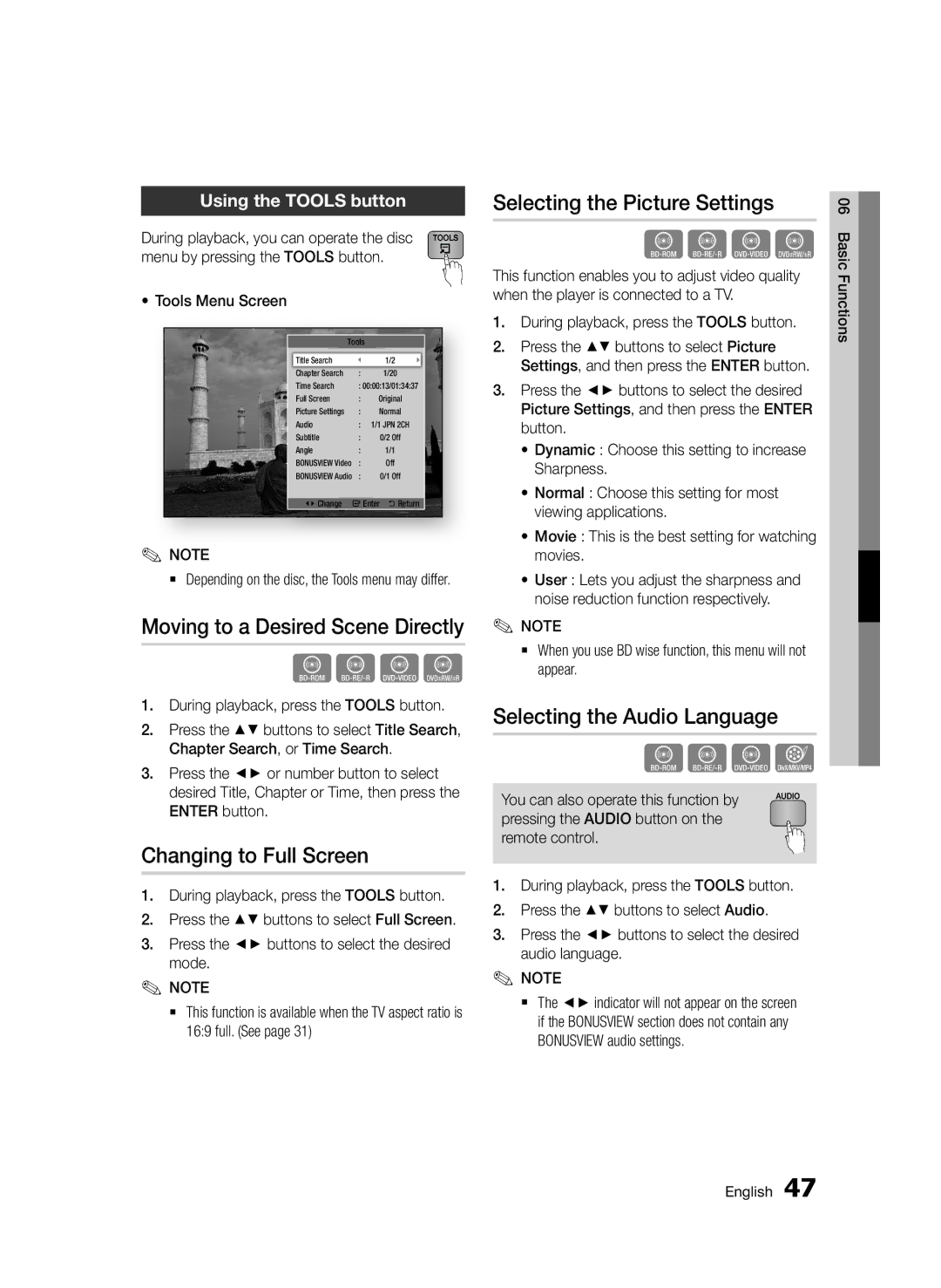 Samsung BD-D6500/ZN manual Moving to a Desired Scene Directly, Changing to Full Screen, Selecting the Picture Settings 