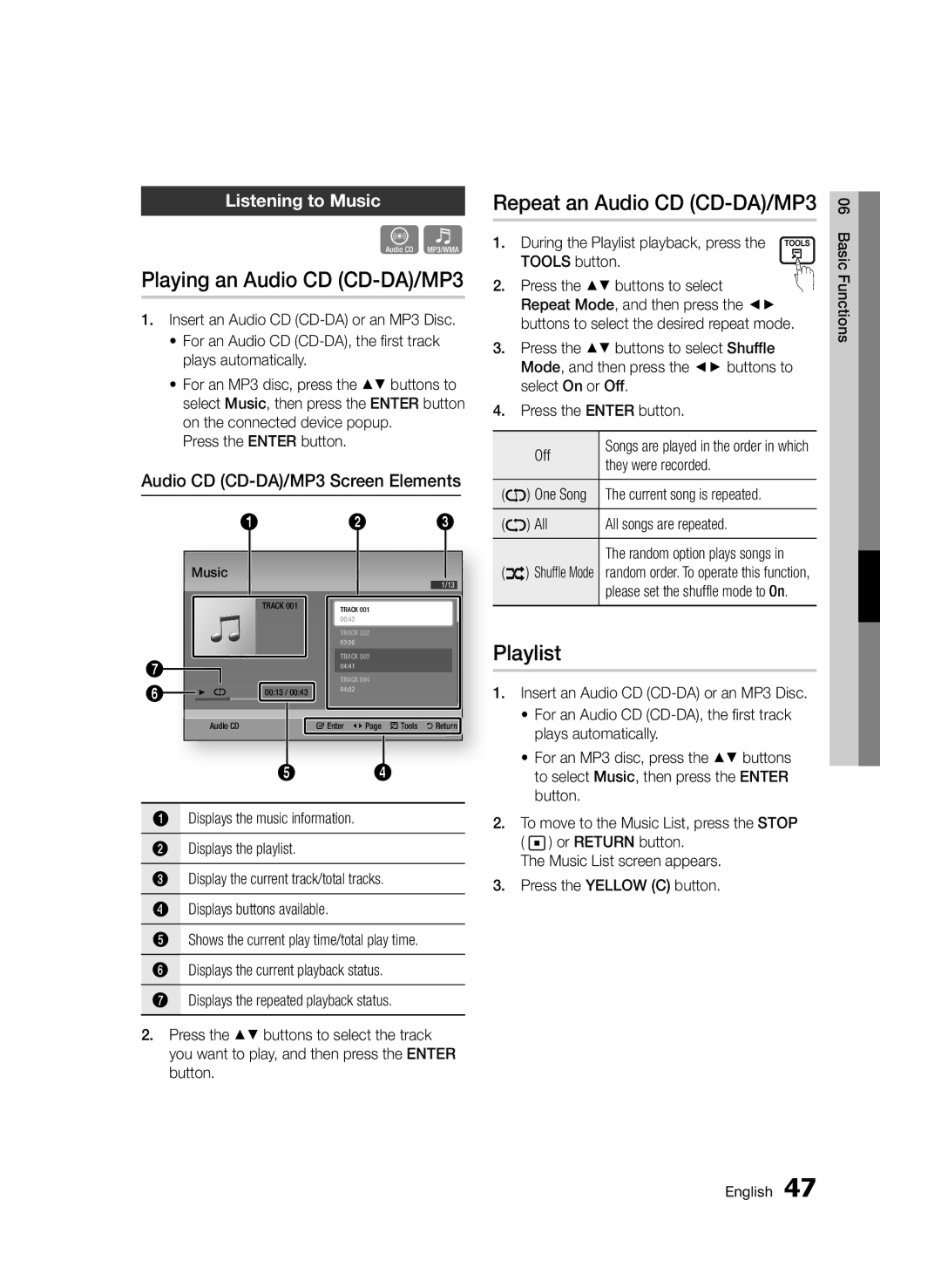 Samsung BD-D6500/ZN, BD-D6500/ZF Playing an Audio CD CD-DA/MP3, Repeat an Audio CD CD-DA/MP3, Playlist, Listening to Music 