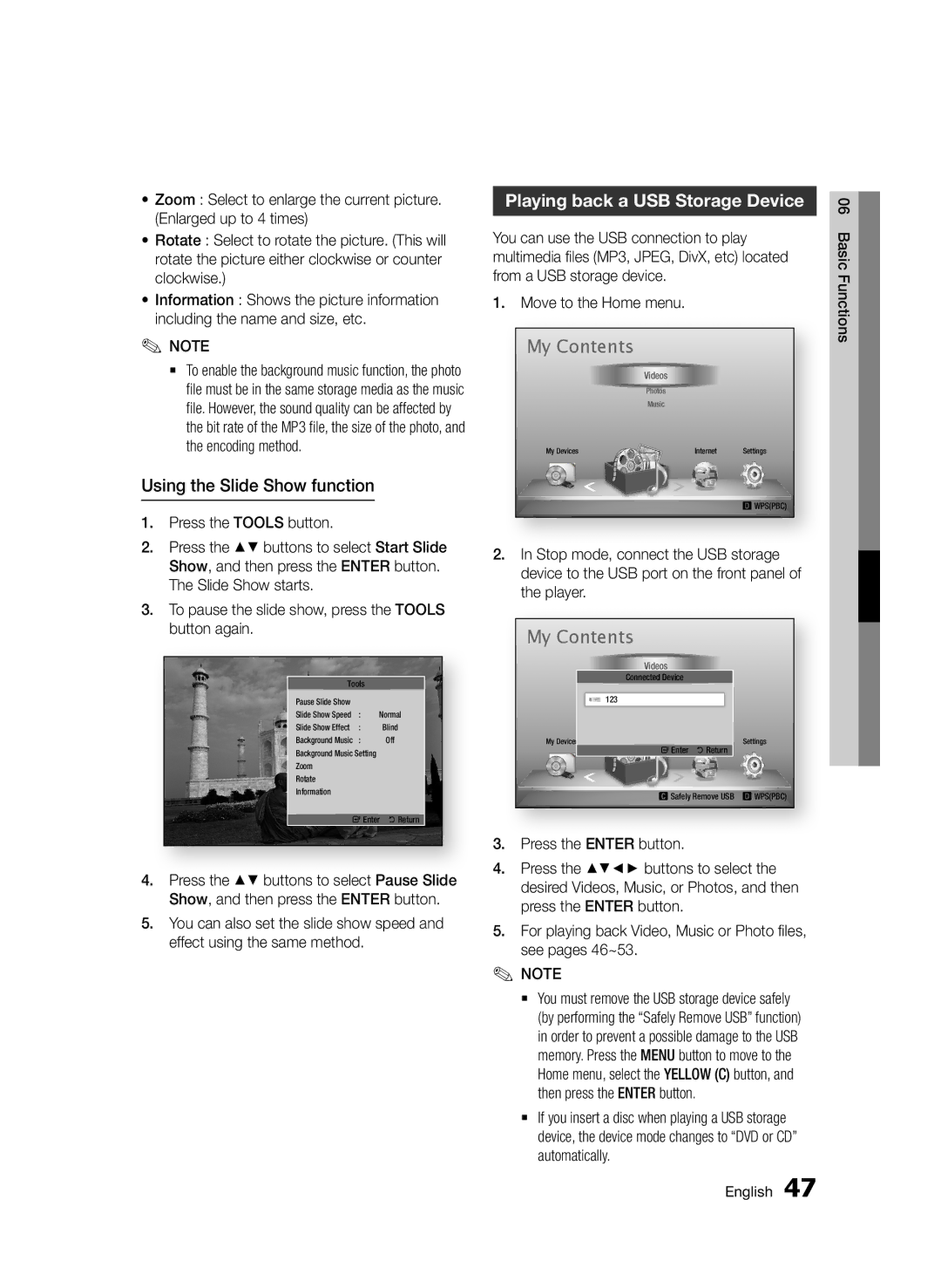 Samsung BD-D6500/ZN, BD-D6500/ZF manual Using the Slide Show function, Playing back a USB Storage Device 