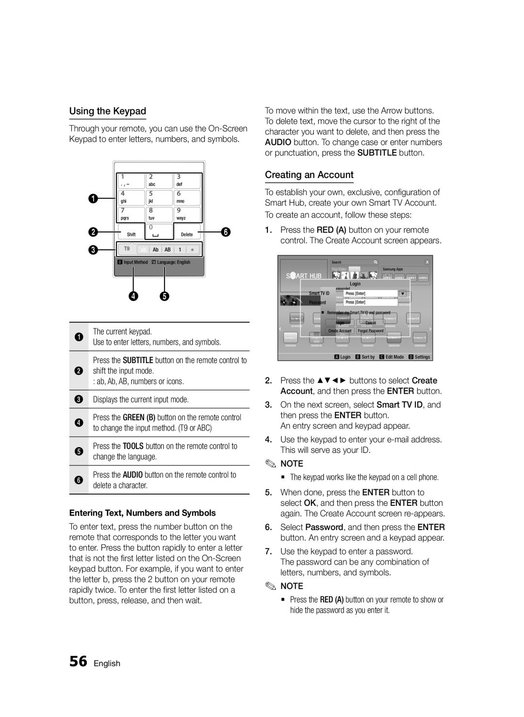 Samsung BD-D6500/ZF, BD-D6500/ZN manual Using the Keypad, Creating an Account, Entering Text, Numbers and Symbols 