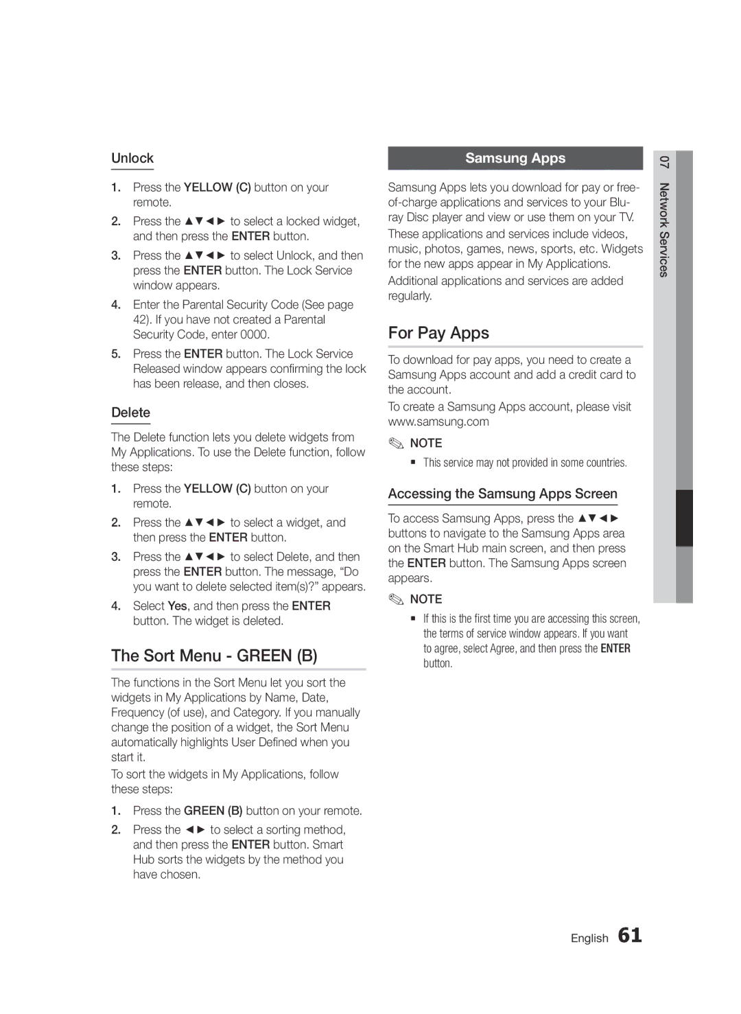 Samsung BD-D6500/ZN, BD-D6500/ZF manual Sort Menu Green B, For Pay Apps, Samsung Apps 