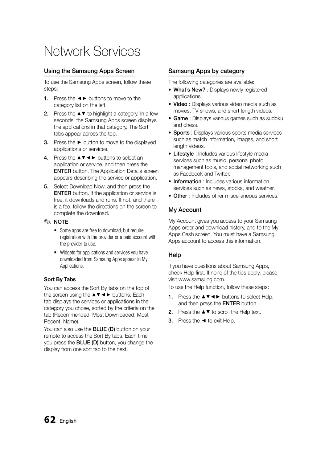 Samsung BD-D6500/ZF, BD-D6500/ZN Using the Samsung Apps Screen, Samsung Apps by category, My Account, Help, Sort By Tabs 
