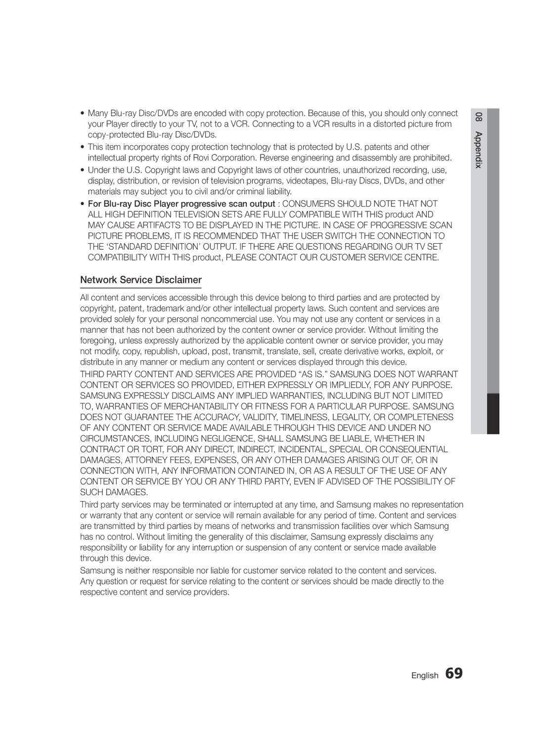 Samsung BD-D6500/ZN, BD-D6500/ZF manual Network Service Disclaimer 