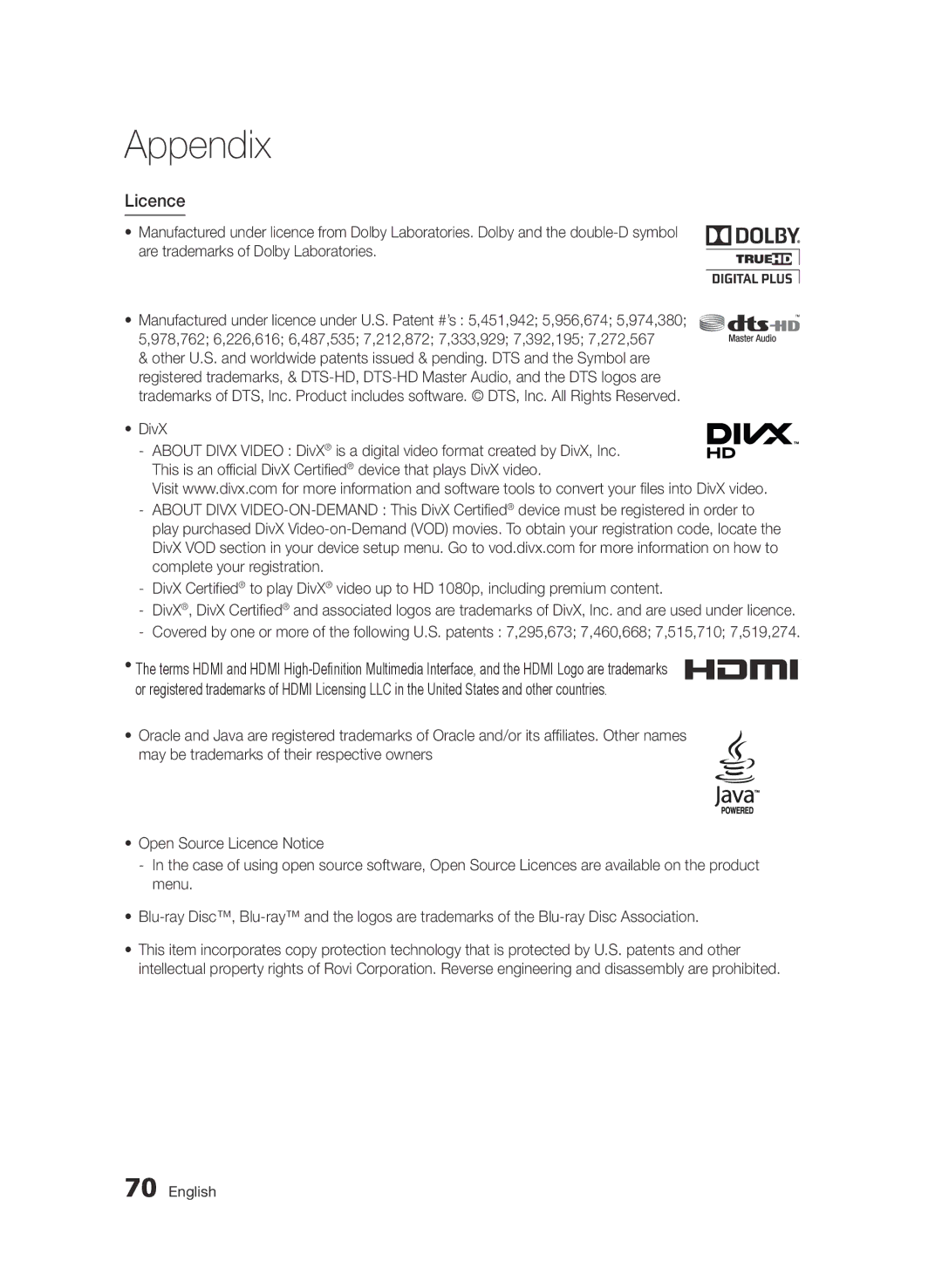 Samsung BD-D6500/ZF, BD-D6500/ZN manual Licence, DivX 