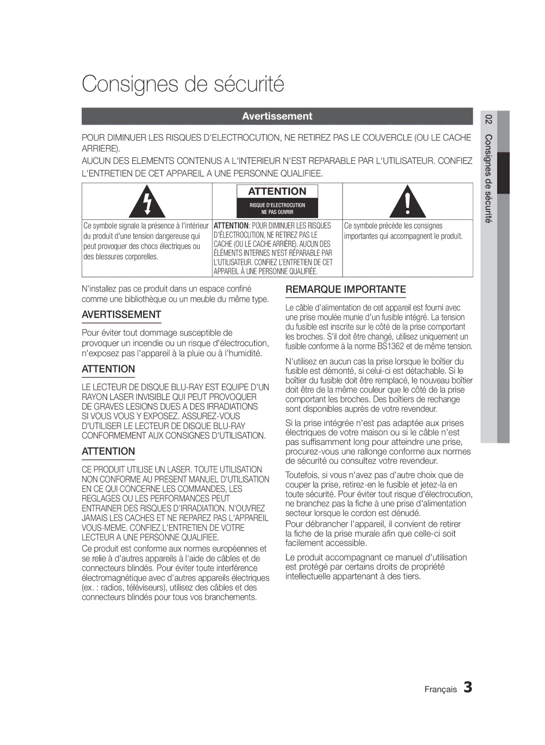 Samsung BD-D6500/ZN, BD-D6500/ZF manual Consignes de sécurité, Avertissement 