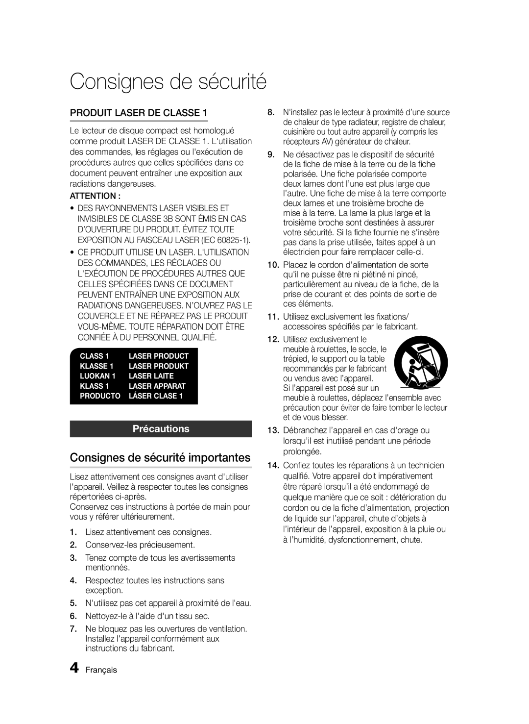 Samsung BD-D6500/ZF, BD-D6500/ZN manual Consignes de sécurité importantes, Précautions, Nettoyez-le à laide dun tissu sec 