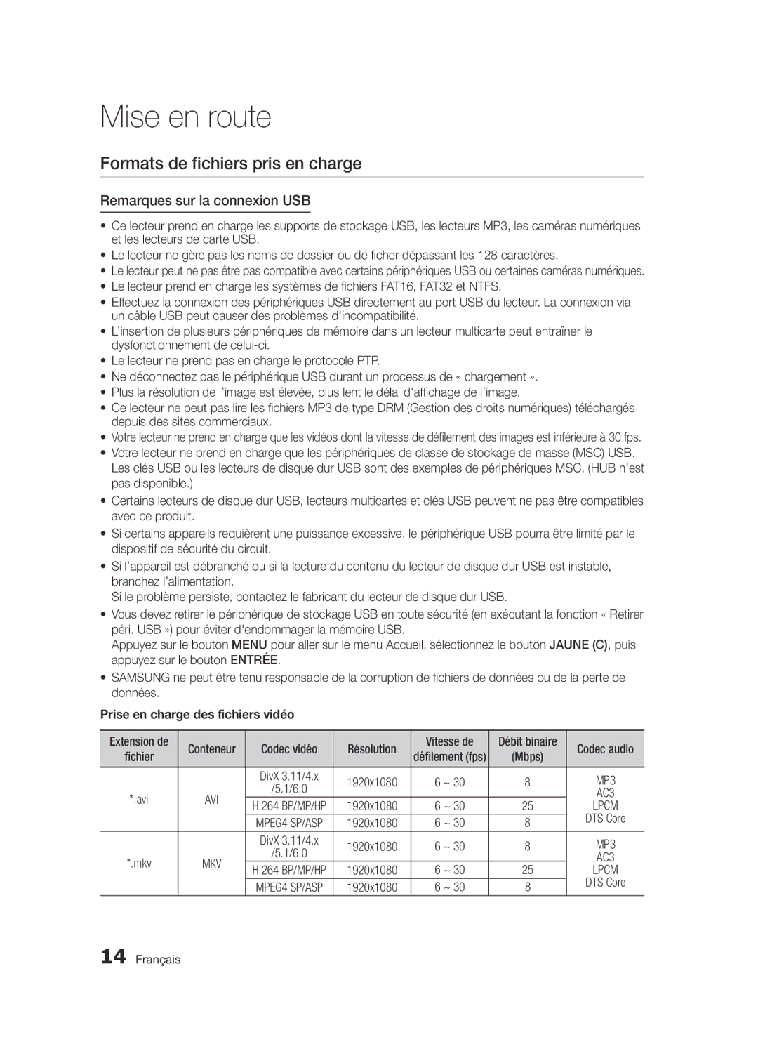 Samsung BD-D6500/ZF Formats de fichiers pris en charge, Remarques sur la connexion USB, Prise en charge des fichiers vidéo 