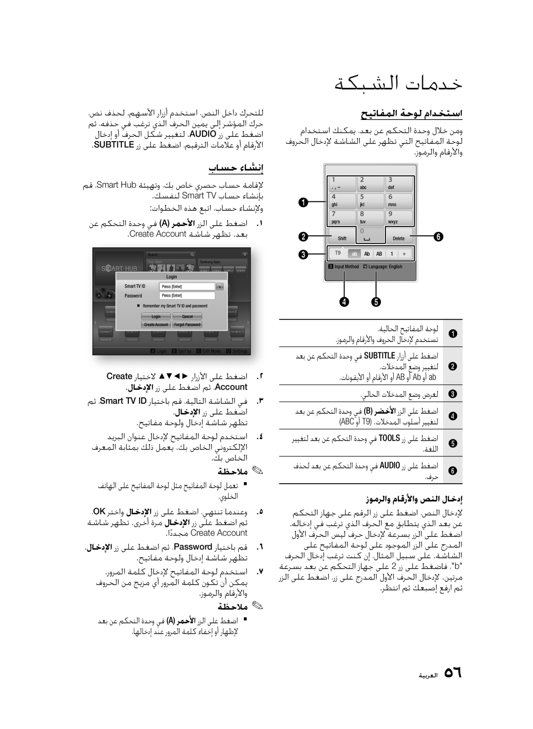 Samsung BD-D6500/ZN, BD-D6500/UM, BD-D6500/HC manual باسح ءاشنإ, حيتافملا ةحول مادختسا, زومرلاو ماقرلأاو صنلا لاخدإ 