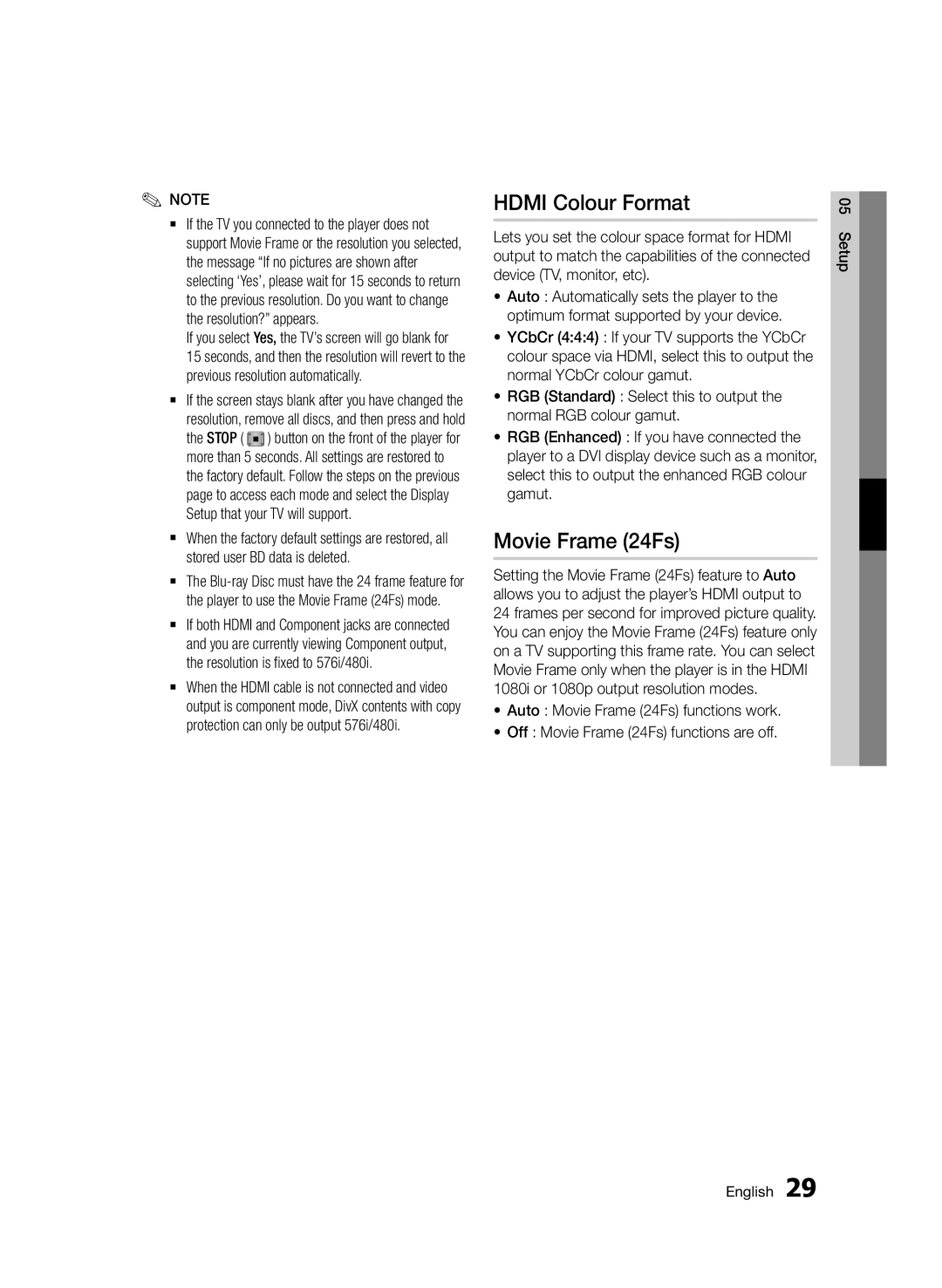 Samsung BD-D6500/ZN, BD-D6500/UM, BD-D6500/HC manual Hdmi Colour Format, Movie Frame 24Fs 