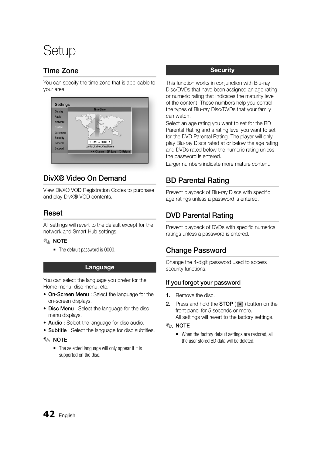 Samsung BD-D6500/ZN manual Time Zone, DivX Video On Demand, Reset, BD Parental Rating, DVD Parental Rating, Change Password 