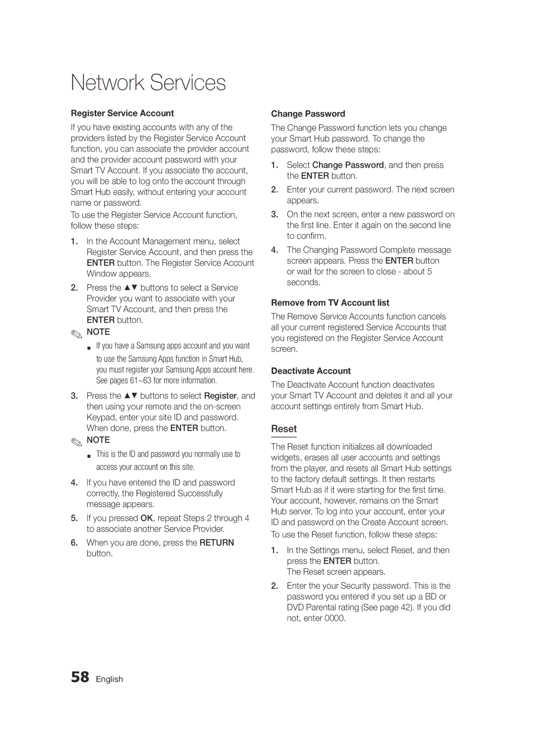Samsung BD-D6500/UM Reset, Register Service Account, Change Password, Remove from TV Account list, Deactivate Account 