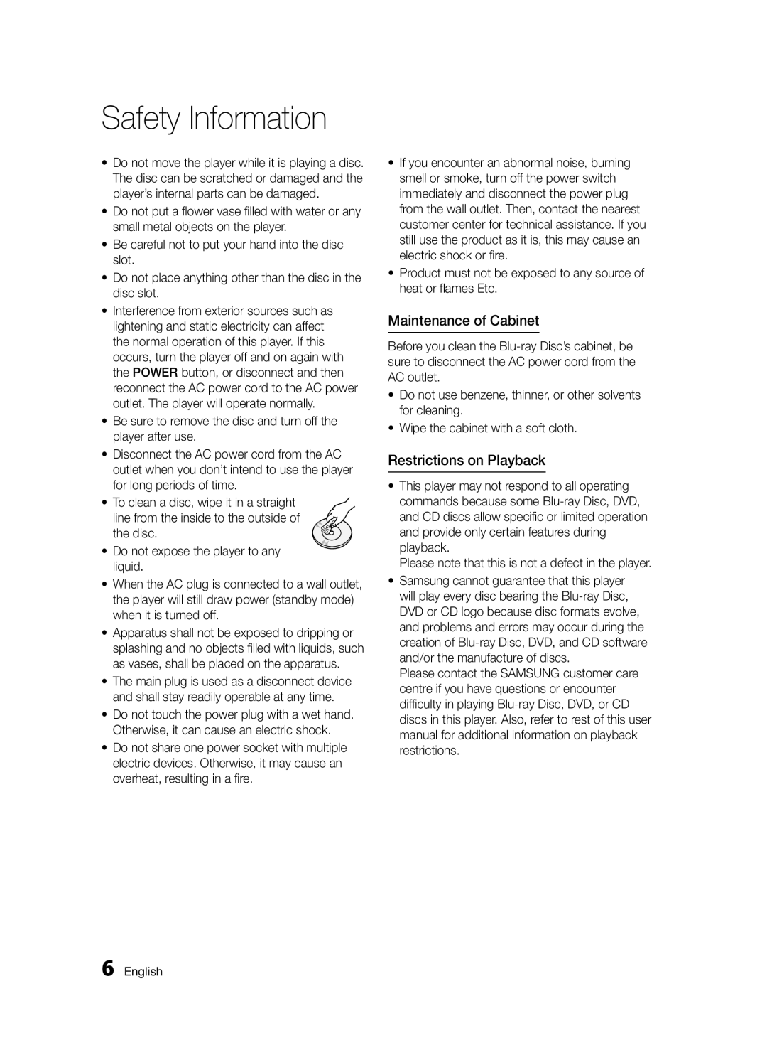 Samsung BD-D6500/ZN, BD-D6500/UM, BD-D6500/HC manual Maintenance of Cabinet, Restrictions on Playback 