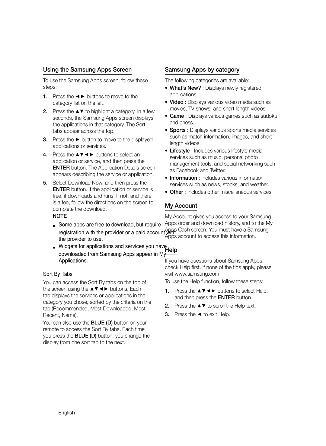 Samsung BD-D6500/HC, BD-D6500/ZN, BD-D6500/UM Using the Samsung Apps Screen, Samsung Apps by category, My Account, Help 