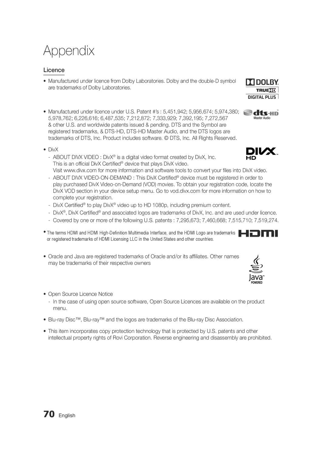 Samsung BD-D6500/UM, BD-D6500/ZN, BD-D6500/HC manual Licence, DivX 