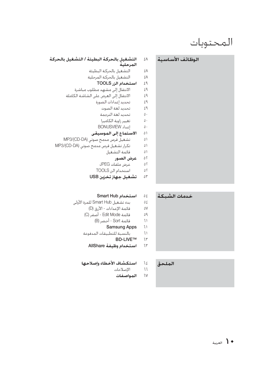 Samsung BD-D6500/UM, BD-D6500/ZN, BD-D6500/HC manual ةيساسلأا فئاظولا ةكبشلا تامدخ قحلملا 