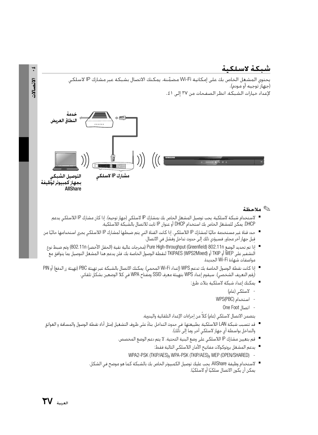 Samsung BD-D6500/ZN, BD-D6500/UM, BD-D6500/HC manual ةيكلسلا ةكبش 