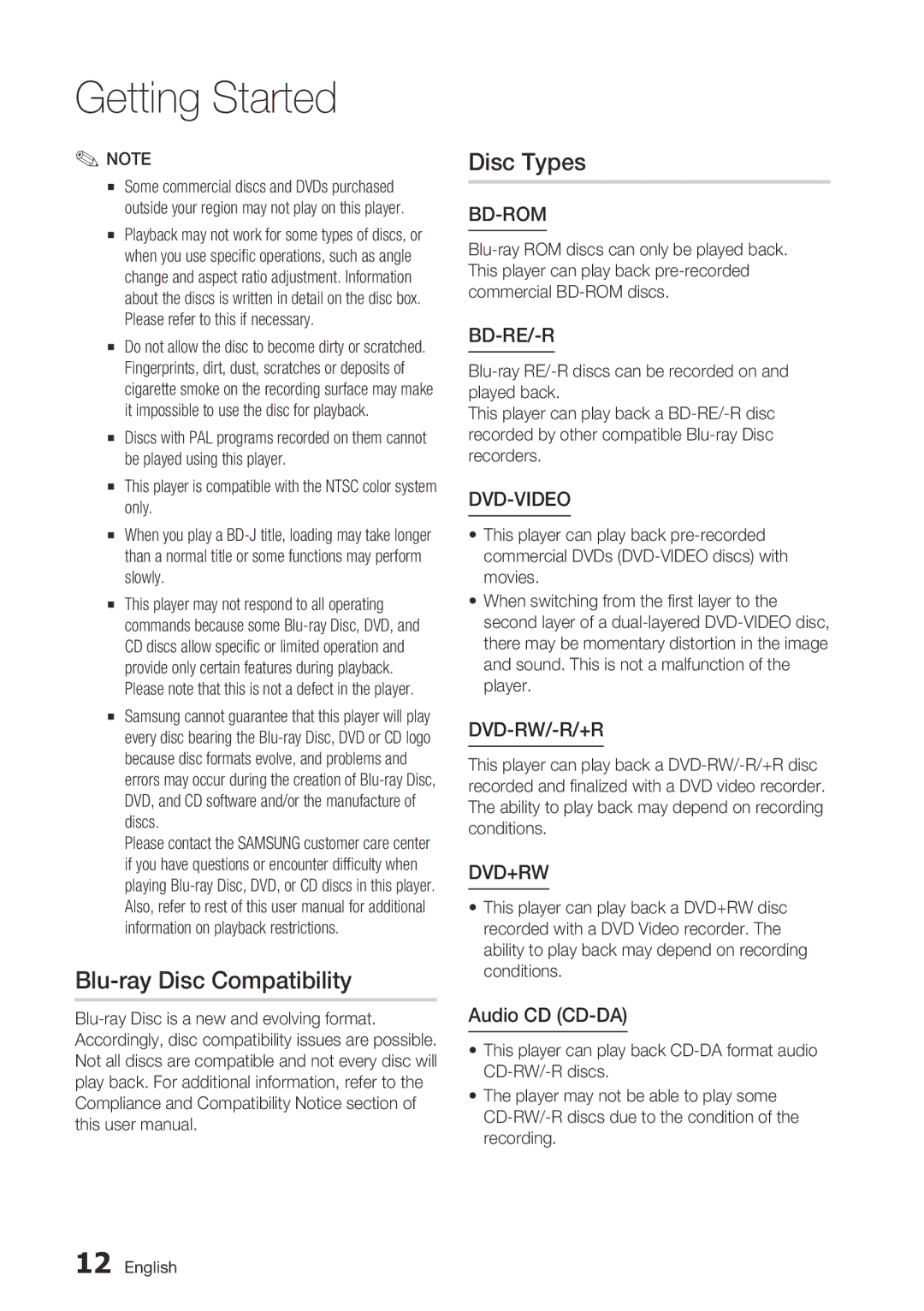 Samsung BD-D6700 user manual Blu-ray Disc Compatibility Disc Types, Audio CD CD-DA 