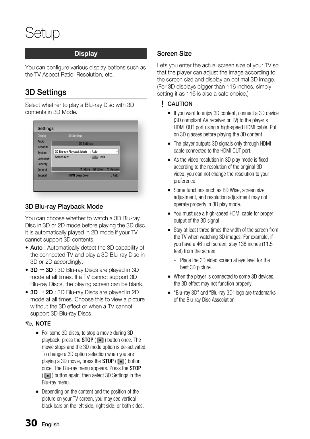 Samsung BD-D6700 user manual 3D Settings, Display, 3D Blu-ray Playback Mode, Screen Size, Blu-ray menu.The 